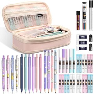 nicpro 47pcs aesthetic school supplies in big capacity pen case, cute pastel mechanical pencils 0.5, 0.7, 0.9 & 2mm lead holder with 25 tube lead refills 4b 2b hb 2h color, erasers for student writing
