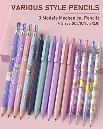 Nicpro 47PCS Aesthetic School Supplies in Big Capacity Pen Case, Cute Pastel Mechanical Pencils 0.5, 0.7, 0.9 & 2mm Lead Holder with 25 Tube Lead Refills 4B 2B HB 2H Color, Erasers for Student Writing