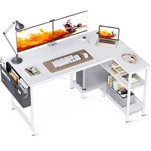 odk small l shaped computer desk, 55 inch corner desk with reversible storage shelves & pc stand for home office workstation, modern simple writing study table with storage bag for small space, white