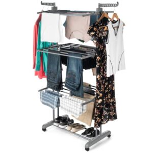 luxe laundry premium clothes drying rack - 4-tier foldable stainless steel & collapsible drying rack - free standing & easy to assemble indoor laundry drying rack for garments and clothing, gray/gray