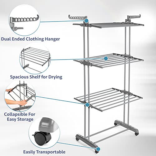 Luxe Laundry Premium Clothes Drying Rack - 4-Tier Foldable Stainless Steel & Collapsible Drying Rack - Free Standing & Easy to Assemble Indoor Laundry Drying Rack for Garments and Clothing, Gray/Gray