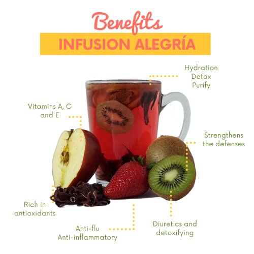 Alibú Dried Fruit Tea Infusions - Alegria - Strawberry, Apple, Kiwi, Hibiscus – Certified Vegan, 100% Natural, Hot or Iced, Caffeine Free, Eat or Drink - Box of 2.12 oz