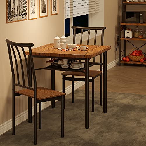 IDEALHOUSE Dining Table Set, Kitchen Table and Chairs for 2 with Wine Rack, 3 Piece Metal and Wood Square Dining Room Table Set for Small Space, Apartment, Rustic Brown