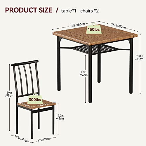 IDEALHOUSE Dining Table Set, Kitchen Table and Chairs for 2 with Wine Rack, 3 Piece Metal and Wood Square Dining Room Table Set for Small Space, Apartment, Rustic Brown