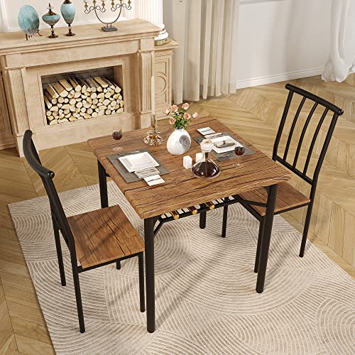 IDEALHOUSE Dining Table Set, Kitchen Table and Chairs for 2 with Wine Rack, 3 Piece Metal and Wood Square Dining Room Table Set for Small Space, Apartment, Rustic Brown