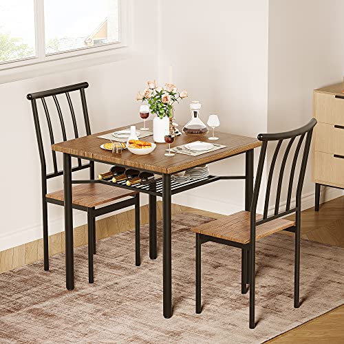 IDEALHOUSE Dining Table Set, Kitchen Table and Chairs for 2 with Wine Rack, 3 Piece Metal and Wood Square Dining Room Table Set for Small Space, Apartment, Rustic Brown