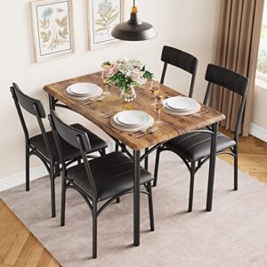 idealhouse dining table set for 4, kitchen table and chairs, metal and wood rectangular dining room table set with 4 upholstered chairs, 5 piece dining set for small space, apartment, rustic brown