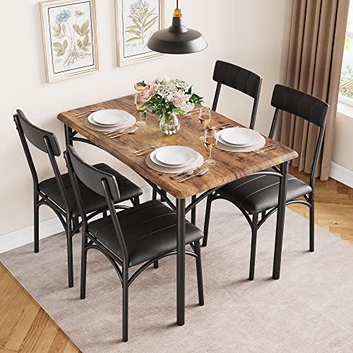 IDEALHOUSE Dining Table Set for 4, Kitchen Table and Chairs, Metal and Wood Rectangular Dining Room Table Set with 4 Upholstered Chairs, 5 Piece Dining Set for Small Space, Apartment, Rustic Brown