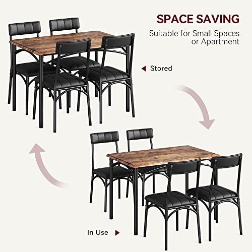 IDEALHOUSE Dining Table Set for 4, Kitchen Table and Chairs, Metal and Wood Rectangular Dining Room Table Set with 4 Upholstered Chairs, 5 Piece Dining Set for Small Space, Apartment, Rustic Brown