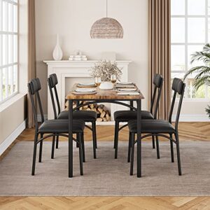 IDEALHOUSE Dining Table Set for 4, Kitchen Table and Chairs, Metal and Wood Rectangular Dining Room Table Set with 4 Upholstered Chairs, 5 Piece Dining Set for Small Space, Apartment, Rustic Brown