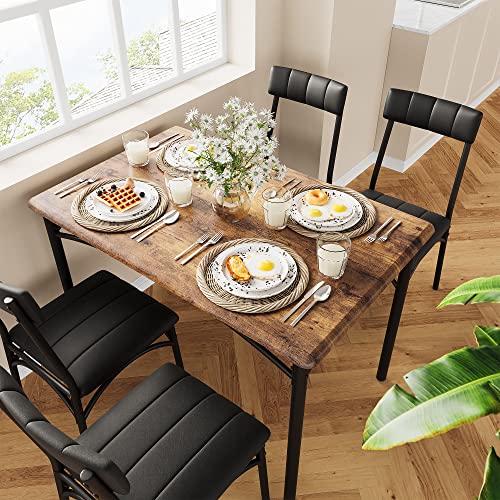 IDEALHOUSE Dining Table Set for 4, Kitchen Table and Chairs, Metal and Wood Rectangular Dining Room Table Set with 4 Upholstered Chairs, 5 Piece Dining Set for Small Space, Apartment, Rustic Brown