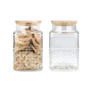 60 ounce square large glass jar with bamboo lid - large kitchen decorative glass jars with vintage diamond pattern - coffee pasta sugar tea snack nuts cookie jar with airtight lids - set of 2