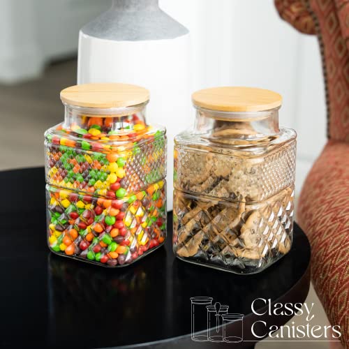 60 Ounce Square Large Glass Jar with Bamboo Lid - Large Kitchen Decorative Glass Jars with Vintage Diamond Pattern - Coffee Pasta Sugar Tea Snack Nuts Cookie Jar with Airtight Lids - Set of 2
