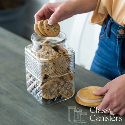 60 Ounce Square Large Glass Jar with Bamboo Lid - Large Kitchen Decorative Glass Jars with Vintage Diamond Pattern - Coffee Pasta Sugar Tea Snack Nuts Cookie Jar with Airtight Lids - Set of 2