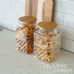 60 Ounce Square Large Glass Jar with Bamboo Lid - Large Kitchen Decorative Glass Jars with Vintage Diamond Pattern - Coffee Pasta Sugar Tea Snack Nuts Cookie Jar with Airtight Lids - Set of 2