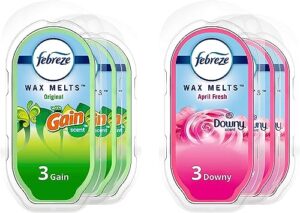 febreze wax melts, wax melt warmer cubes, wax warmer cubes, pack of 6, 3 gain original scent and 3 downy april fresh scent, 6 wax melt cubes per pack, air freshener