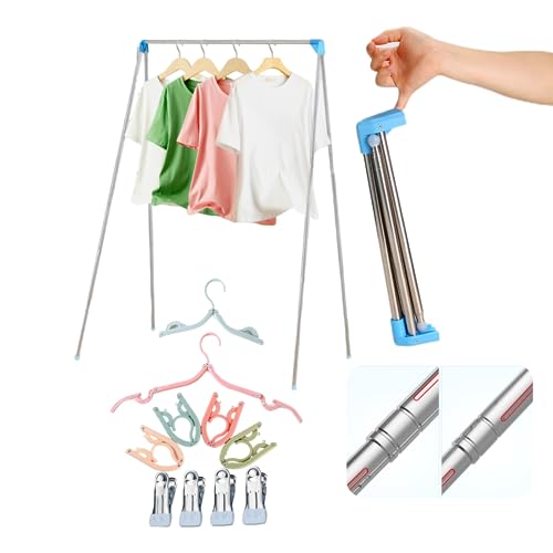 Portable Travel Garment Rack, Upgraded Easy Folding Mini Drying Clothes Rack, Retractable Drying Rack for Laundry, Travel, Camping, Hotel, Dance + 4 Folding Coat Hangers + 4 Clothespins (Compact)