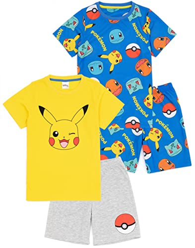 Pokemon Boys 2 Pack Pyjamas Kids Pikachu Bulbasaur Charmander Squirtle T-Shirts Shorts Set Sleepwear Multicolor