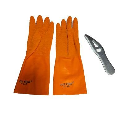 Handy fish skin scale scraper clean tool with heavy duty latex safe glove for kitchen seafood cleaning set (1 handy scaler + 1 pair glove size 10 Large)