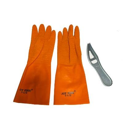 Handy fish skin scale scraper clean tool with heavy duty latex safe glove for kitchen seafood cleaning set (1 handy scaler + 1 pair glove size 10 Large)