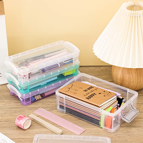 LABUK 5 Pack Plastic Pencil Boxes, Mixed Size Storage Boxes with Lids Stackable Clear Organizer Containers for Stationery Toys Crafts Storage, School Office Supplies