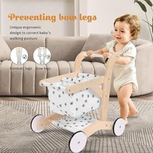 Wooden Baby Walker - Shopping Cart Activity Walker for Boys and Girls, Stand & Learn Push Walker for Toddlers 1-3 Years Old