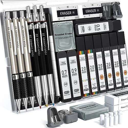 FourCandies 25PCS Art Mechanical Pencil Set with Case, 3PCS Metal Artist Lead Pencil 0.5, 0.7, 0.9 mm & 3PCS 2mm Lead Holder(HB 2H 2B 4B Color) with 432PCS Graphite Lead Refills for Drawing Sketching