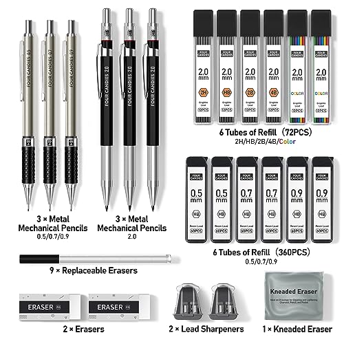 FourCandies 25PCS Art Mechanical Pencil Set with Case, 3PCS Metal Artist Lead Pencil 0.5, 0.7, 0.9 mm & 3PCS 2mm Lead Holder(HB 2H 2B 4B Color) with 432PCS Graphite Lead Refills for Drawing Sketching