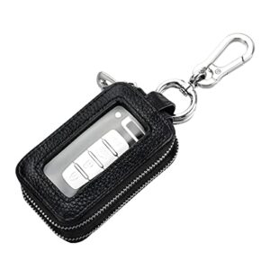 car key fob case, genuine leather remote keychain bag with lanyard and zipper closure, key protection cover for men women (black)