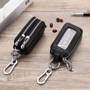 Car Key Fob Case, Genuine Leather Remote Keychain Bag with Lanyard and Zipper Closure, Key Protection Cover for Men Women (Black)