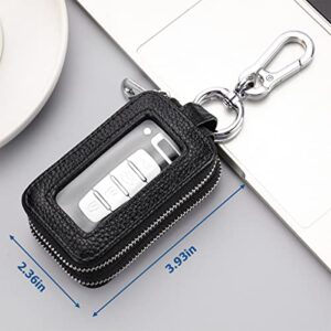 Car Key Fob Case, Genuine Leather Remote Keychain Bag with Lanyard and Zipper Closure, Key Protection Cover for Men Women (Black)