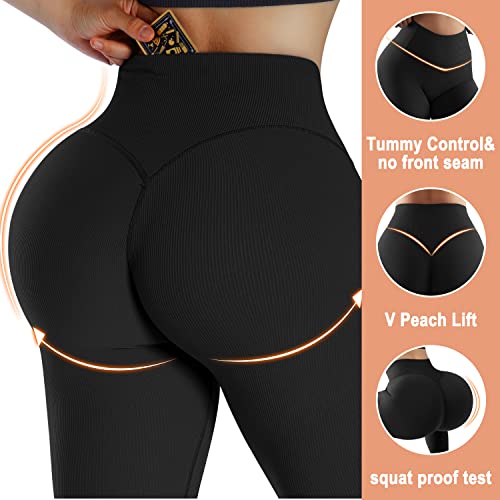 MOSHENGQI Womens High Waisted Seamless Ribbed Leggings Soft Slimming Yoga Pants(M,277-Black)