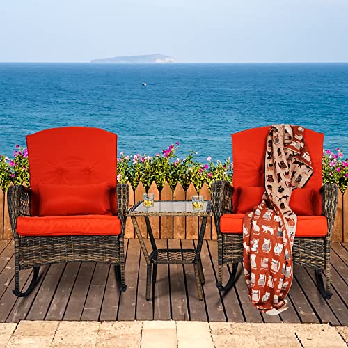 SENSWEET Wicker Rocking Chairs Set of 2, Rattan Patio Rocking Chairs, All-Weather Rocking Lawn Wicker Furniture for Porch Deck Garden Backyard(Red)