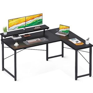 odk l shaped desk with monitor stand, 53 inch reversible computer desk, corner desk home office desk, writing desk gaming desk, black
