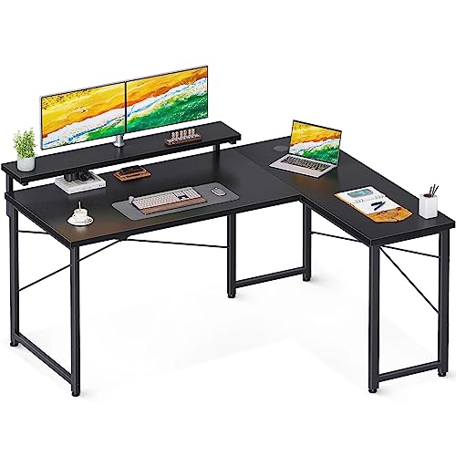 ODK L Shaped Desk with Monitor Stand, 53 inch Reversible Computer Desk, Corner Desk Home Office Desk, Writing Desk Gaming Desk, Black