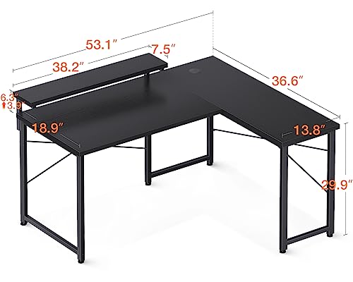 ODK L Shaped Desk with Monitor Stand, 53 inch Reversible Computer Desk, Corner Desk Home Office Desk, Writing Desk Gaming Desk, Black