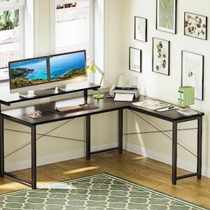 ODK L Shaped Desk with Monitor Stand, 53 inch Reversible Computer Desk, Corner Desk Home Office Desk, Writing Desk Gaming Desk, Black