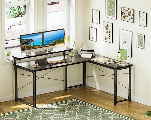 ODK L Shaped Desk with Monitor Stand, 53 inch Reversible Computer Desk, Corner Desk Home Office Desk, Writing Desk Gaming Desk, Black