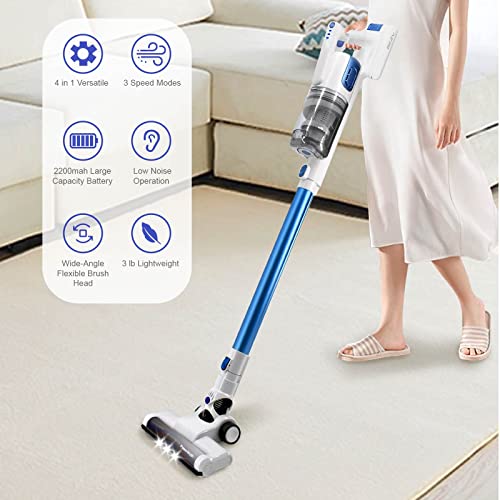 CARFARM Cordless Vacuum Cleaner, Stick Vacuum Cleaner, Handheld Vacuum Cleaner, 60 min Long Runtime Lightweight Stick Vacuum with Crevice Tool, Dusting Brush for Home, Carpet, Hardwood Floor (Blue)