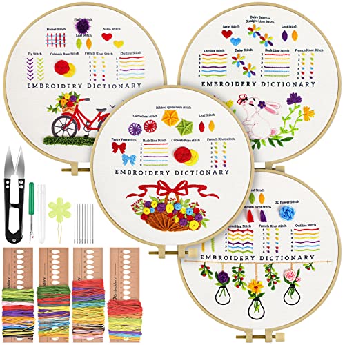 TINDTOP Embroidery Kit for Beginners, 4 Pack Cross Stitch Practice Kits for Beginners Include Embroidery Cloth Hoops Threads for Craft Lover Hand Stitch with Embroidery Skill Techniques