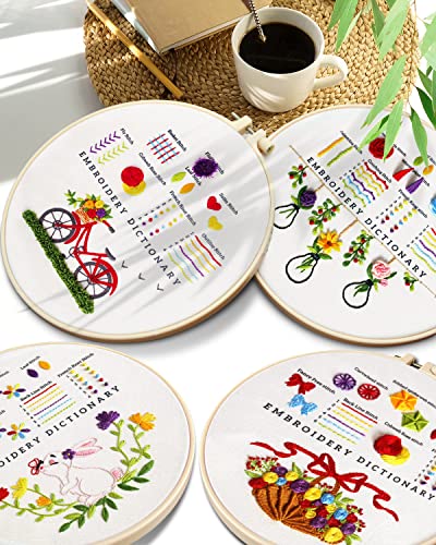 TINDTOP Embroidery Kit for Beginners, 4 Pack Cross Stitch Practice Kits for Beginners Include Embroidery Cloth Hoops Threads for Craft Lover Hand Stitch with Embroidery Skill Techniques