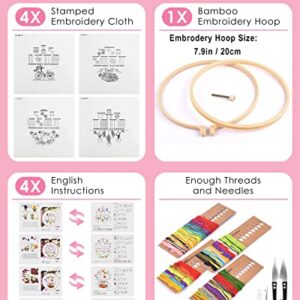 TINDTOP Embroidery Kit for Beginners, 4 Pack Cross Stitch Practice Kits for Beginners Include Embroidery Cloth Hoops Threads for Craft Lover Hand Stitch with Embroidery Skill Techniques