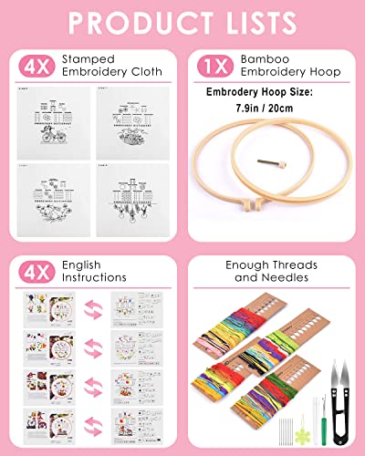 TINDTOP Embroidery Kit for Beginners, 4 Pack Cross Stitch Practice Kits for Beginners Include Embroidery Cloth Hoops Threads for Craft Lover Hand Stitch with Embroidery Skill Techniques