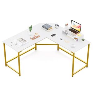 elephance 59" l shaped desk corner computer desk gaming table with monitor stand workstation for home office (large, white+ gold frame)