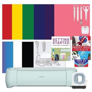 cricut explore 3 machine with mini easy press, tool kit and iron-on vinyl bundle - cutting machine and heat press, beginner htv set for diy projects and sublimation for home decor and custom apparel