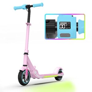 qmwheel m2 pro kids electric scooter smart led display, adjustable height,150w motor 3-10mph speed limit, colorful deck lights,rear foot brake, safety electric scooter for kids age 6-13.