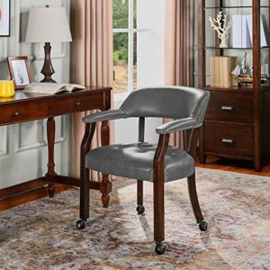 LEEMTORIG Dining Chairs with Casters and Arms, Faux Leather Accent Kitchen Table Chairs with Wheels, Roller Poker Table Chair, Wooden Captains Chair, Espresso Legs & Light Grey, XXY-1910-DG