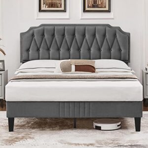 yaheetech queen bed frame velvet upholstered platform bed with curved headboard, height-adjustable headboard/noise-free/wooden slats support/no box spring needed/easy assembly, dark gray queen bed