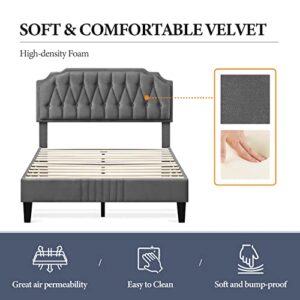 Yaheetech Queen Bed Frame Velvet Upholstered Platform Bed with Curved Headboard, Height-Adjustable Headboard/Noise-Free/Wooden Slats Support/No Box Spring Needed/Easy Assembly, Dark Gray Queen Bed