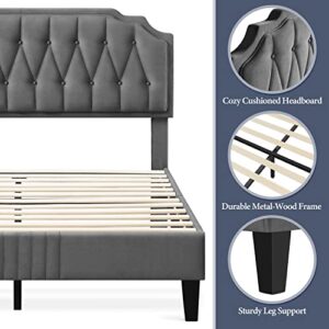 Yaheetech Queen Bed Frame Velvet Upholstered Platform Bed with Curved Headboard, Height-Adjustable Headboard/Noise-Free/Wooden Slats Support/No Box Spring Needed/Easy Assembly, Dark Gray Queen Bed